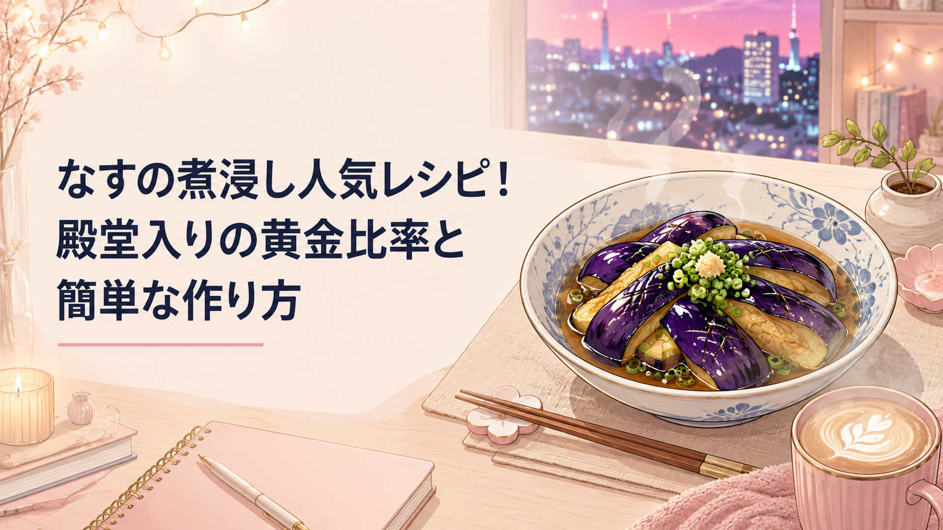 湯気の立つ和食器に盛られた、皮目が紫に輝くなすの煮浸し。煮汁がたっぷりしみて青ねぎが散らしてある食卓の俯瞰