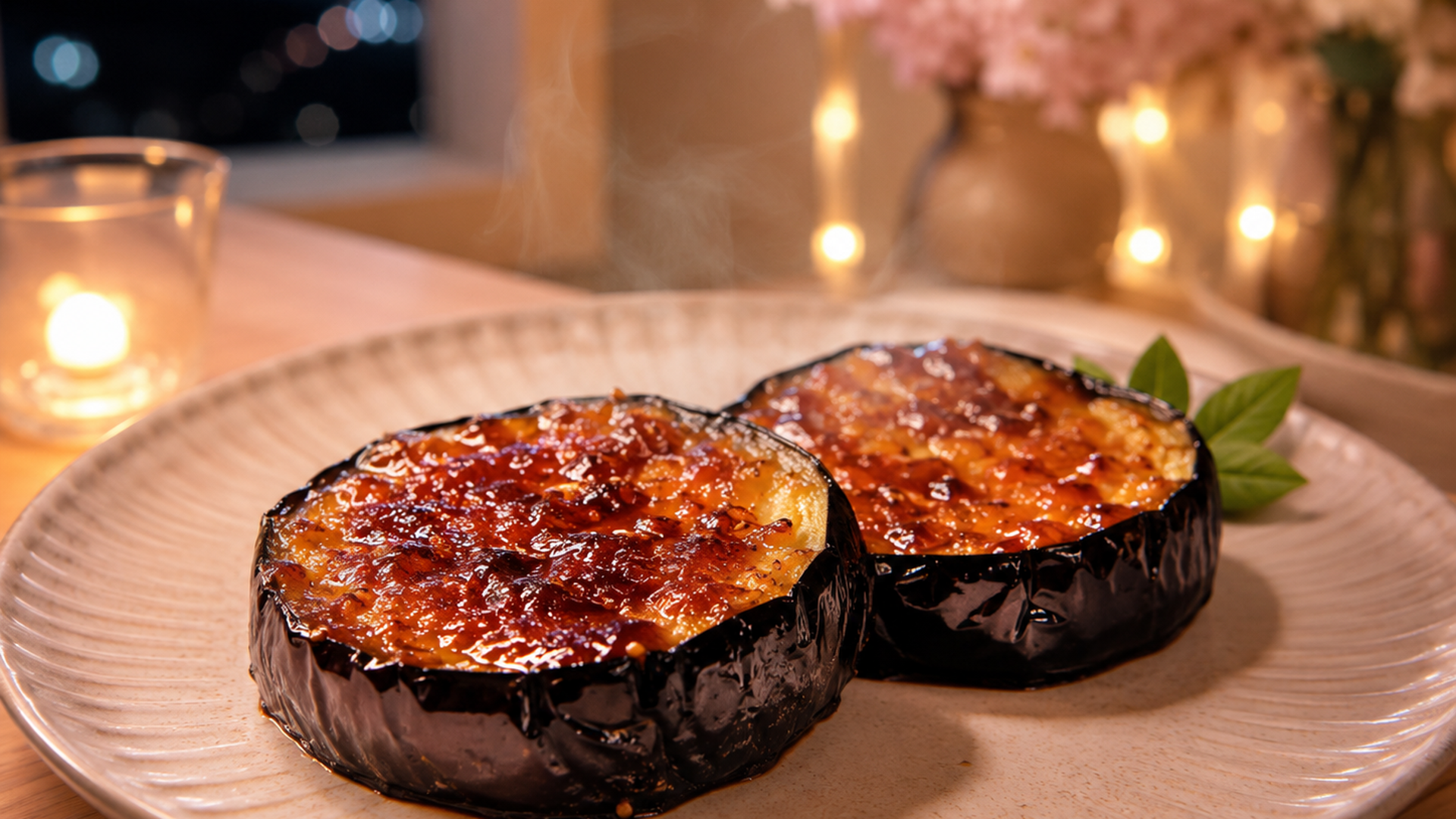 つやつやに照ったなすの味噌炒めがフライパンから皿に盛られ、白ごまが散った湯気立つ和食の食卓