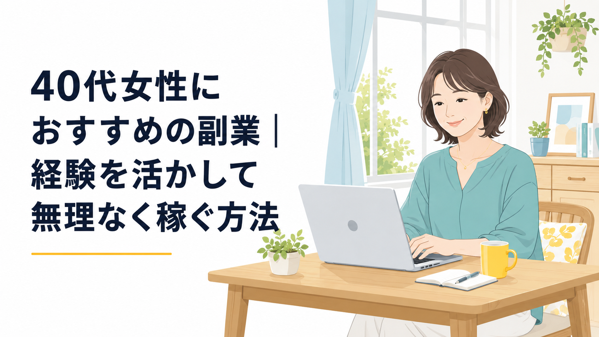 自宅のダイニングでノートパソコンに向かって在宅ワークをする40代の女性、やわらかな自然光