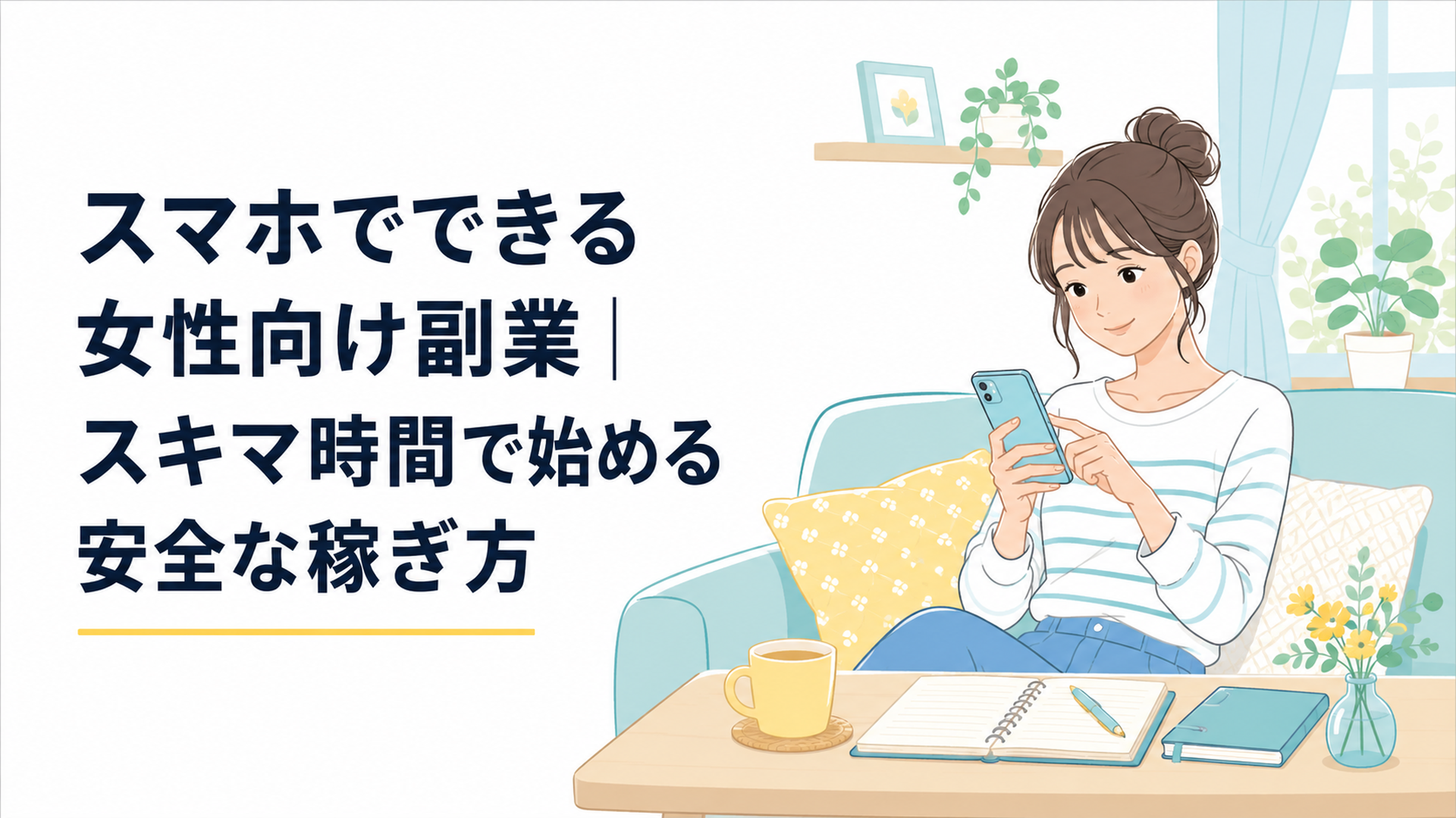 ソファでスマホを操作しながらスキマ時間に副業をする20代の女性、明るいリビング、ノートとペンが手元にある