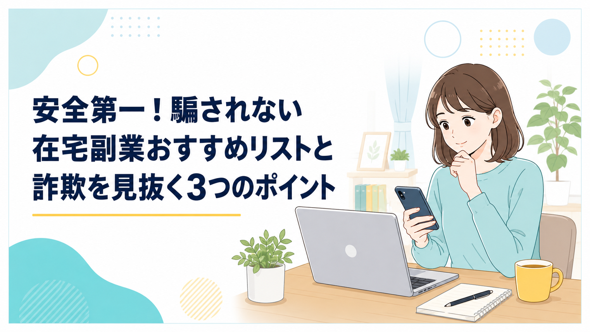 自宅のデスクでノートパソコンとスマホを前に、在宅副業の情報を落ち着いて調べている20代会社員の様子