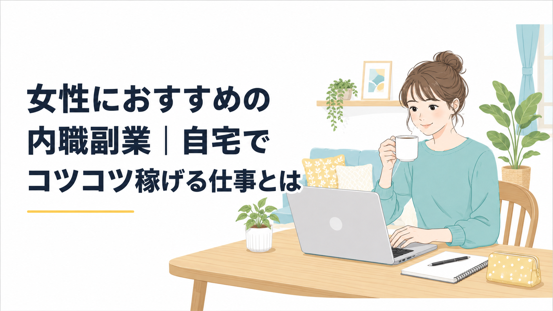 自宅のダイニングテーブルでノートパソコンに向かい、コーヒーを片手に在宅ワークをする20代女性