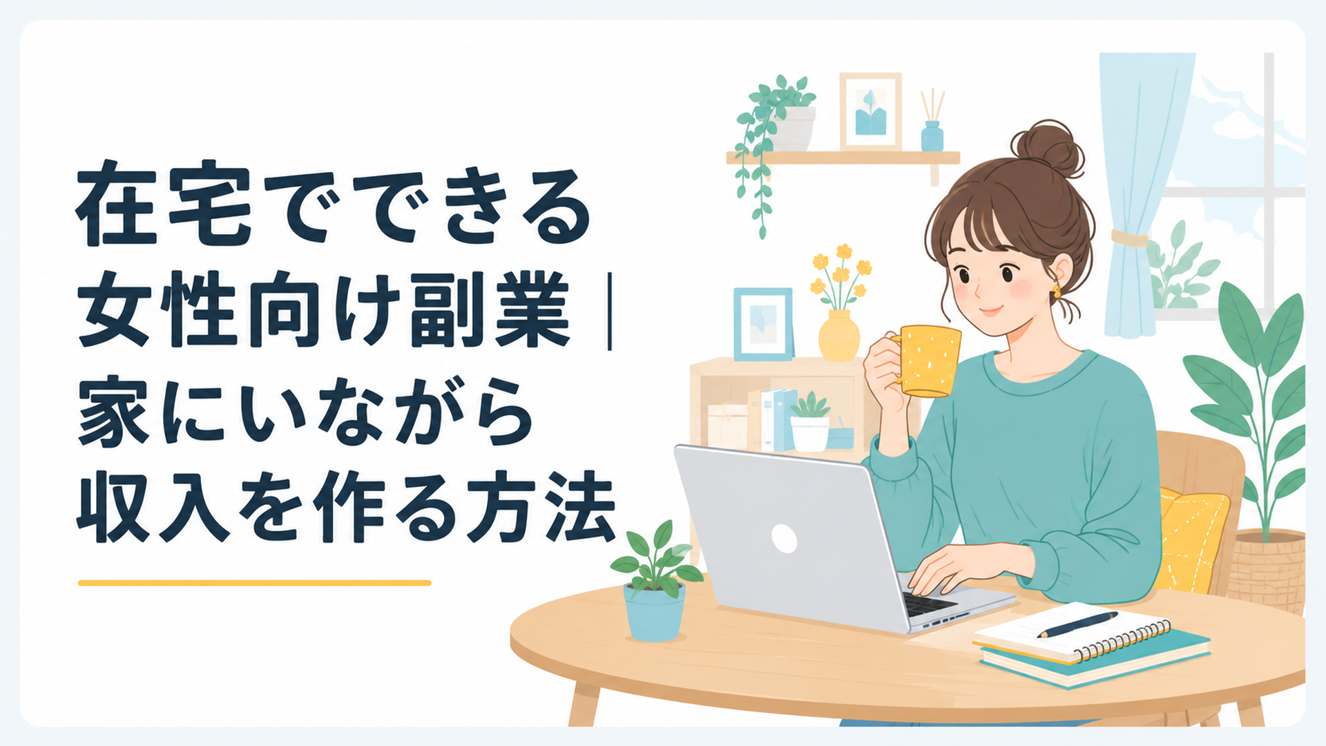 自宅のダイニングテーブルでノートパソコンを開き、コーヒーを片手に在宅副業に取り組む20代女性の明るいシーン