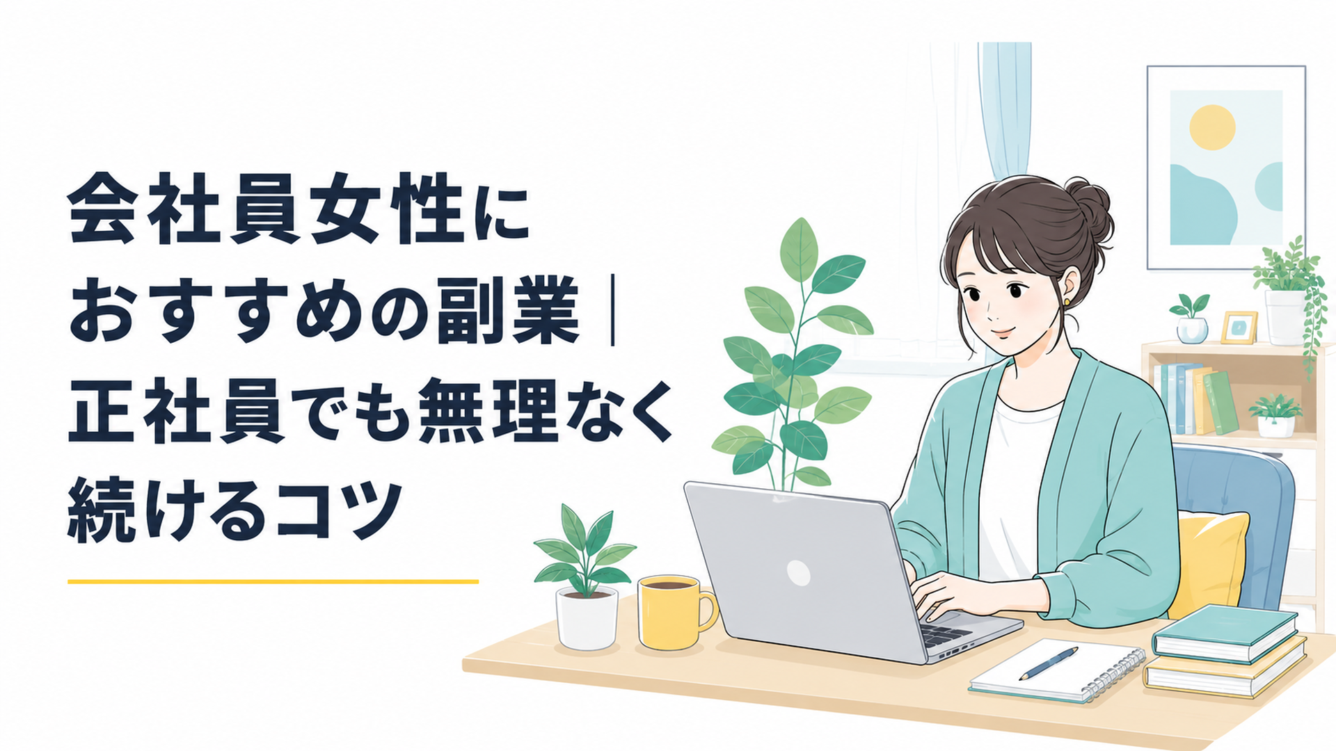 ノートパソコンを開いて自宅のデスクで在宅副業に取り組む会社員女性の様子