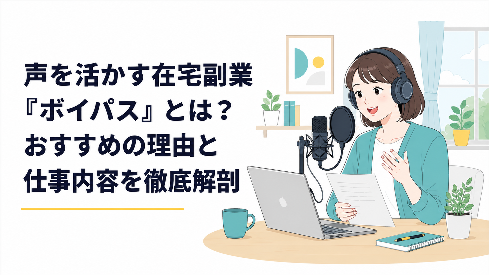 自宅のデスクでマイクに向かいナレーションを録音する会社員