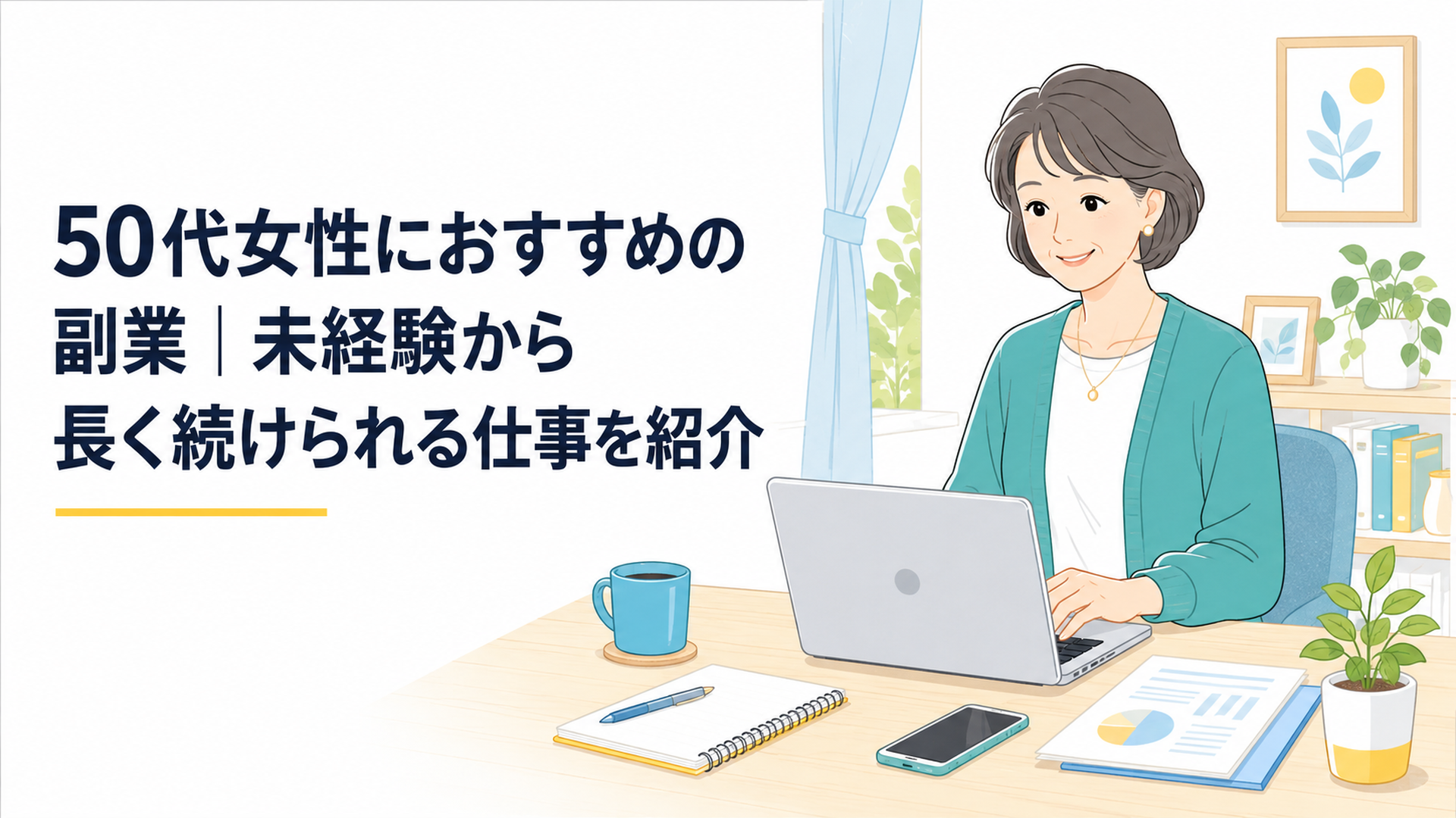自宅でノートパソコンに向かう50代女性と仕事道具