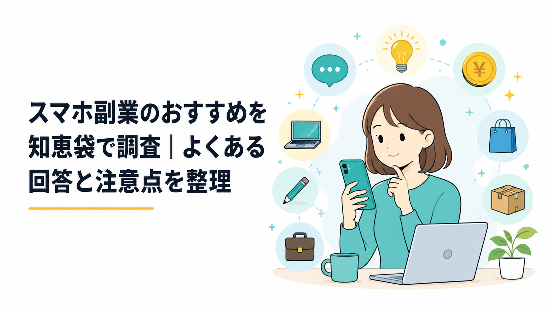 スマホで副業情報を調べる人とさまざまな仕事のアイコン