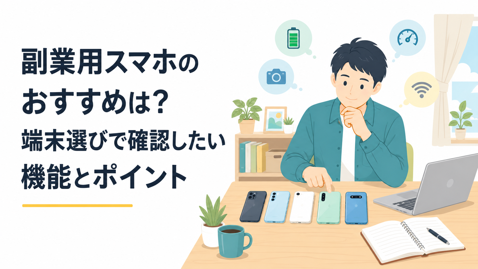自宅のデスクで5台の副業用スマホを比較しながら仕事をする会社員