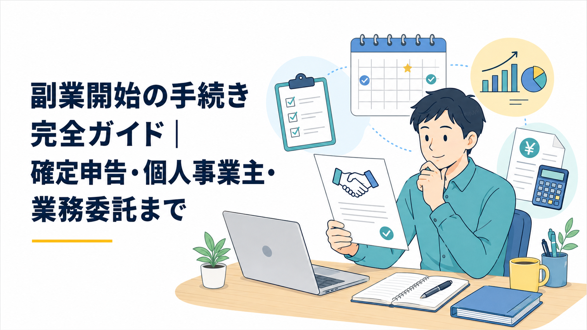 会社員が業務委託副業の契約書と2026年の開業届や確定申告スケジュールを確認している様子