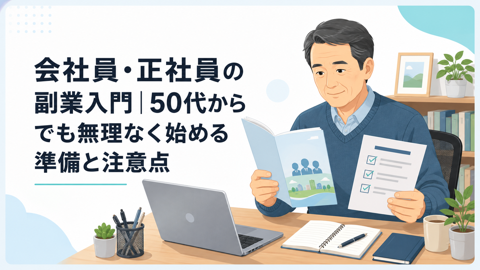 厚生労働省の副業パンフレットと就業規則を確認する50代会社員