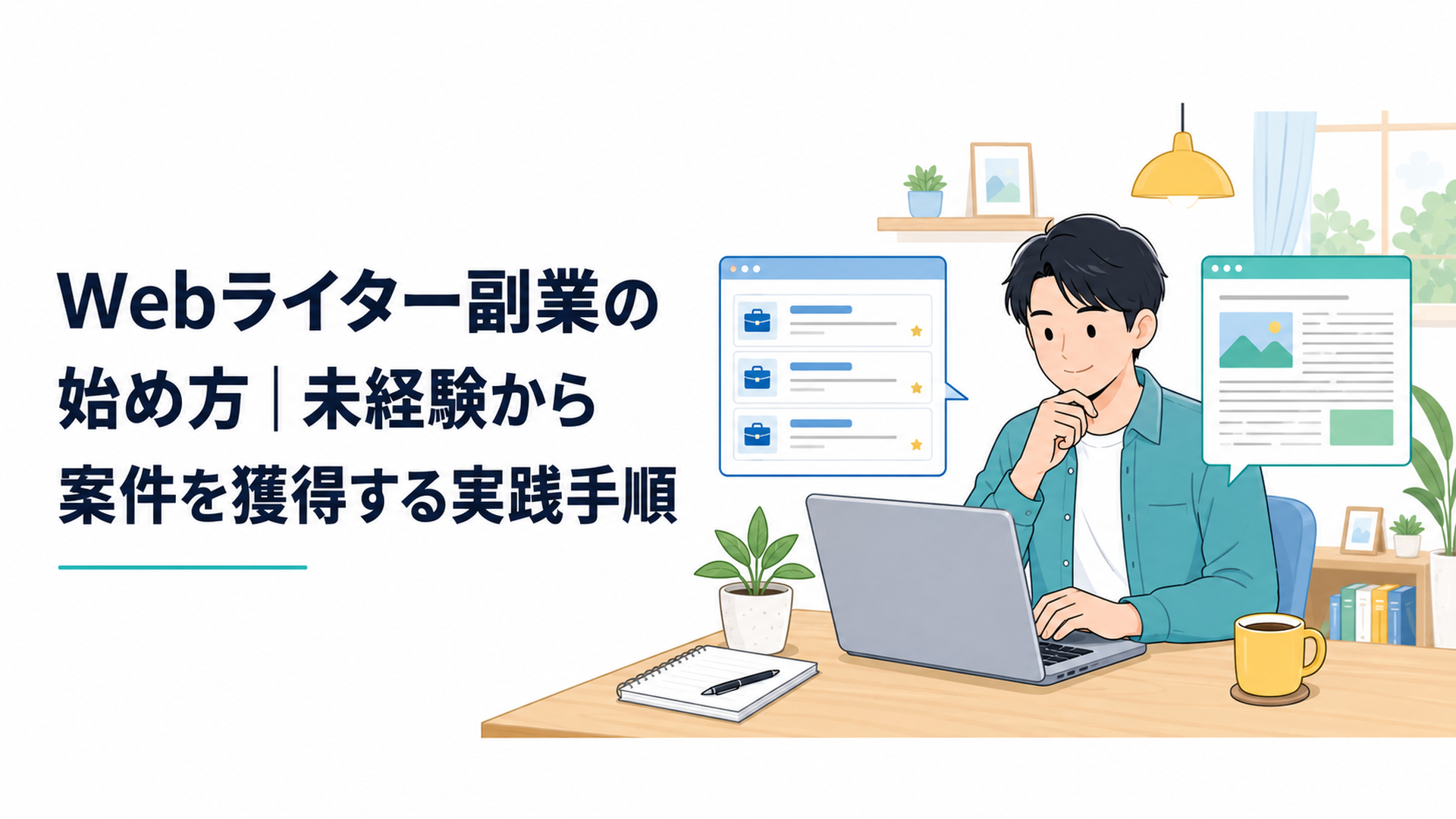 自宅の机でWebライター副業の案件とサンプル記事を確認する会社員