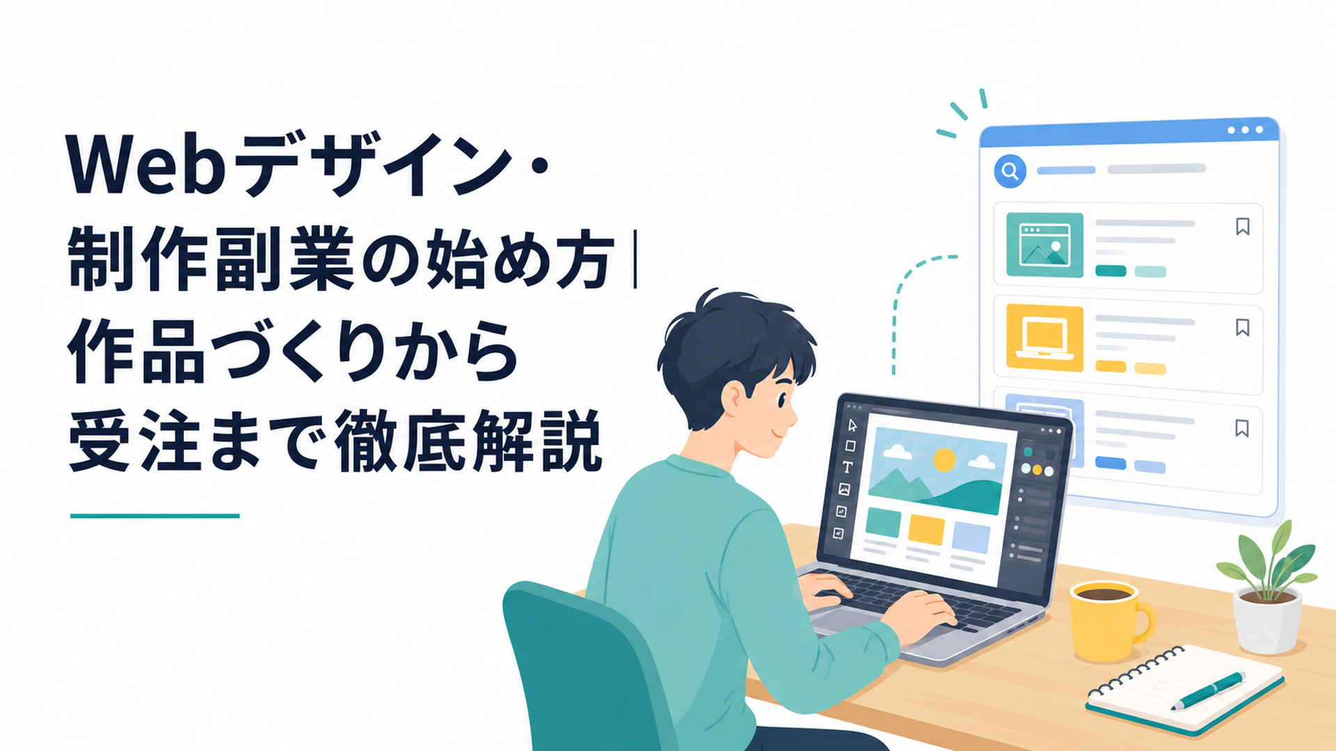 ノートパソコンでWebバナーを制作する初心者と案件募集画面