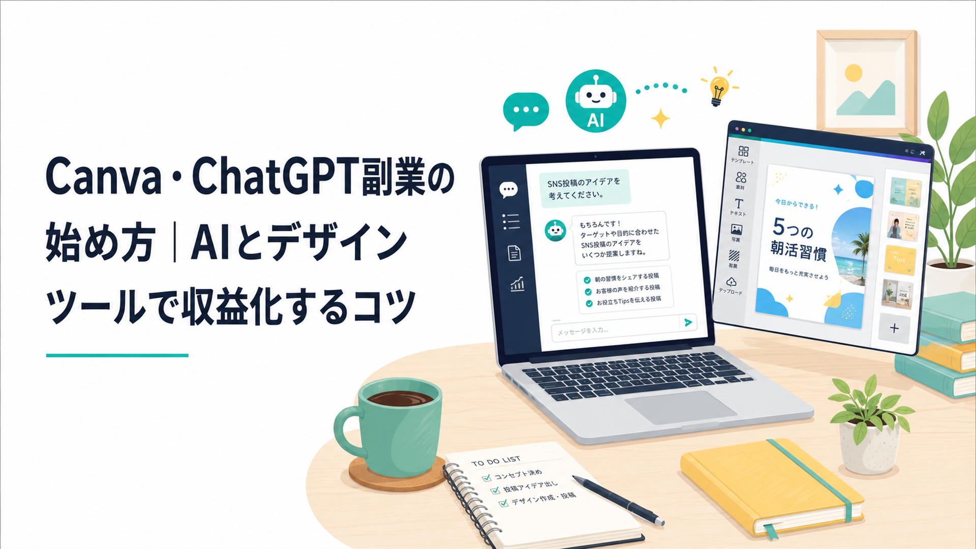 ノートパソコンでChatGPTとCanvaを使いSNS投稿を制作するデスク