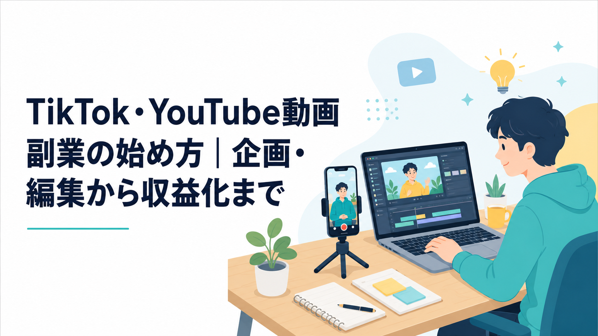スマートフォンで縦型動画を撮影しパソコンで編集する作業風景
