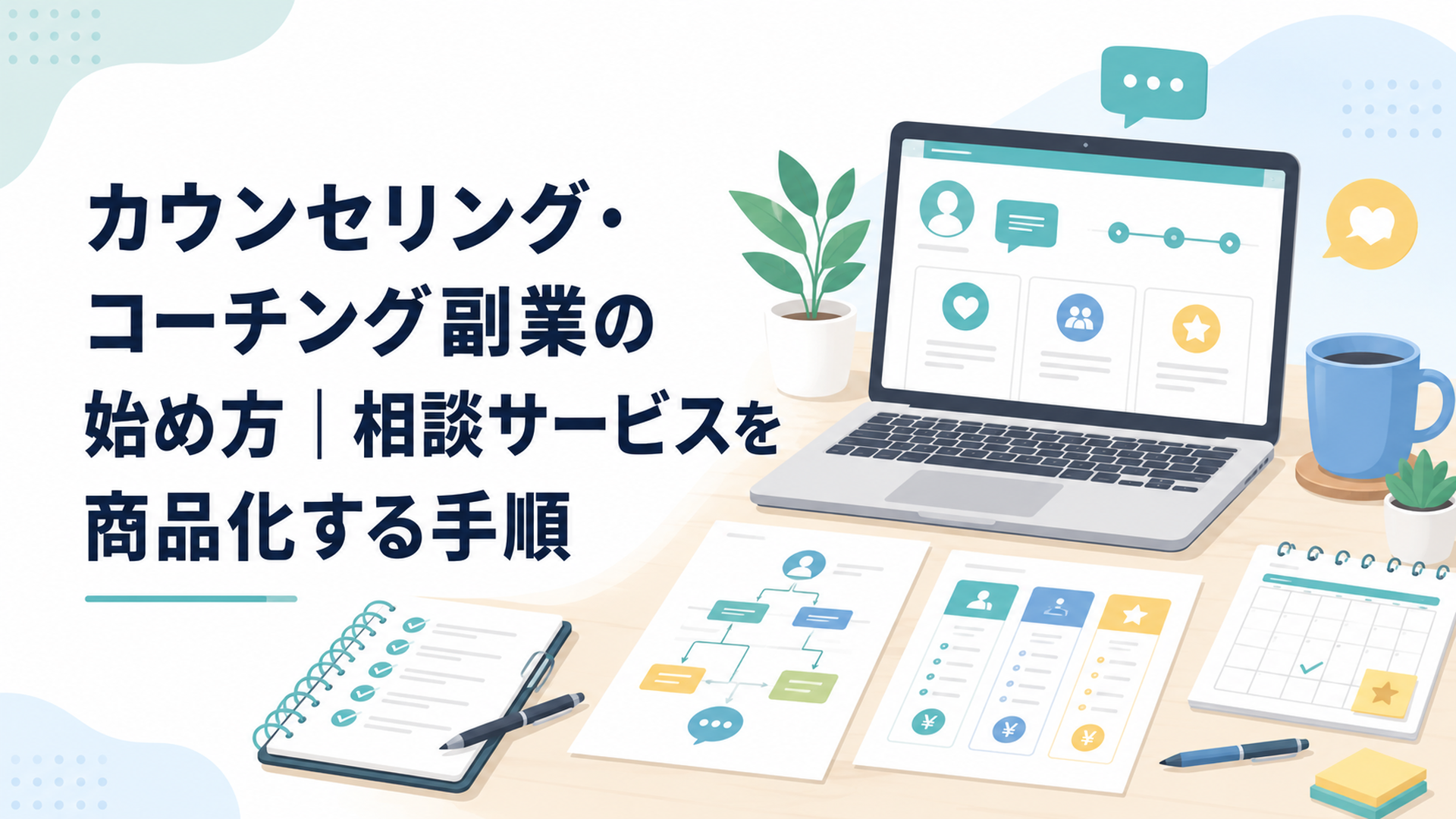 オンライン相談サービスを設計するノートパソコンと資料