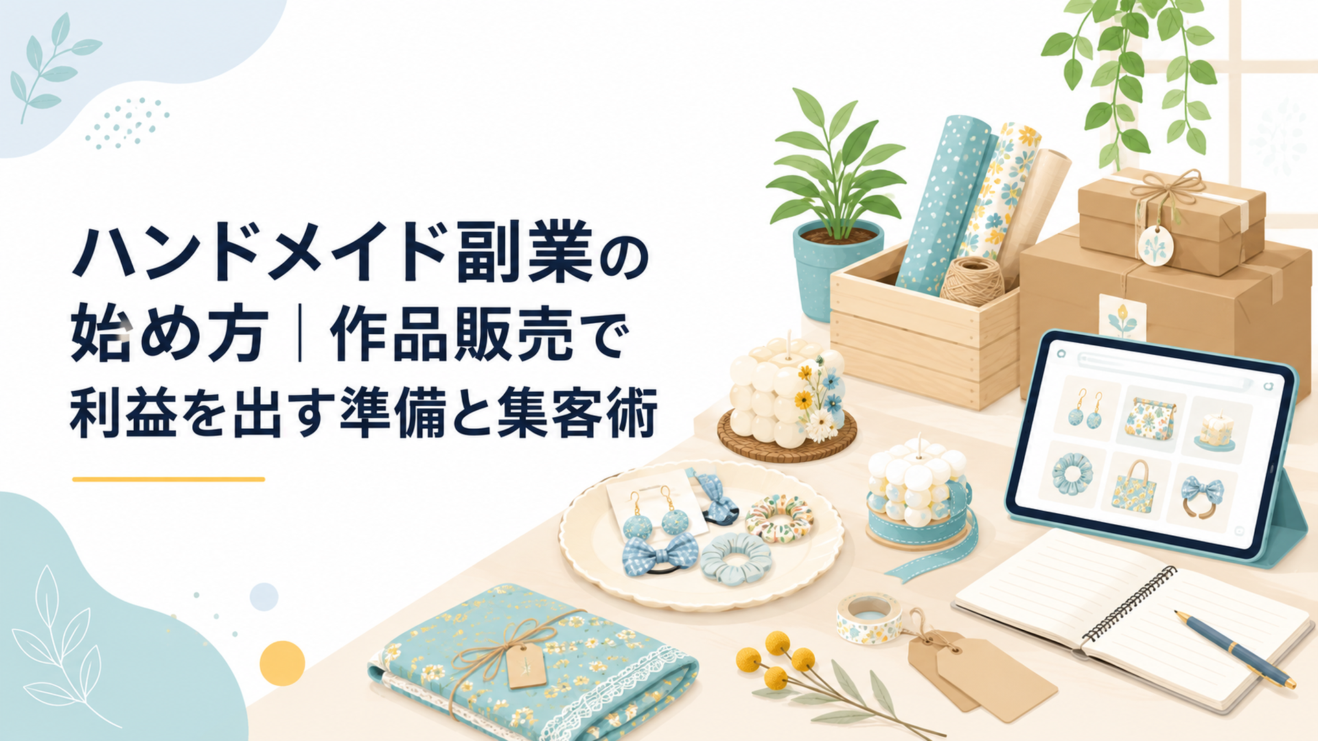 ハンドメイド作品と梱包資材が並ぶ明るい作業机
