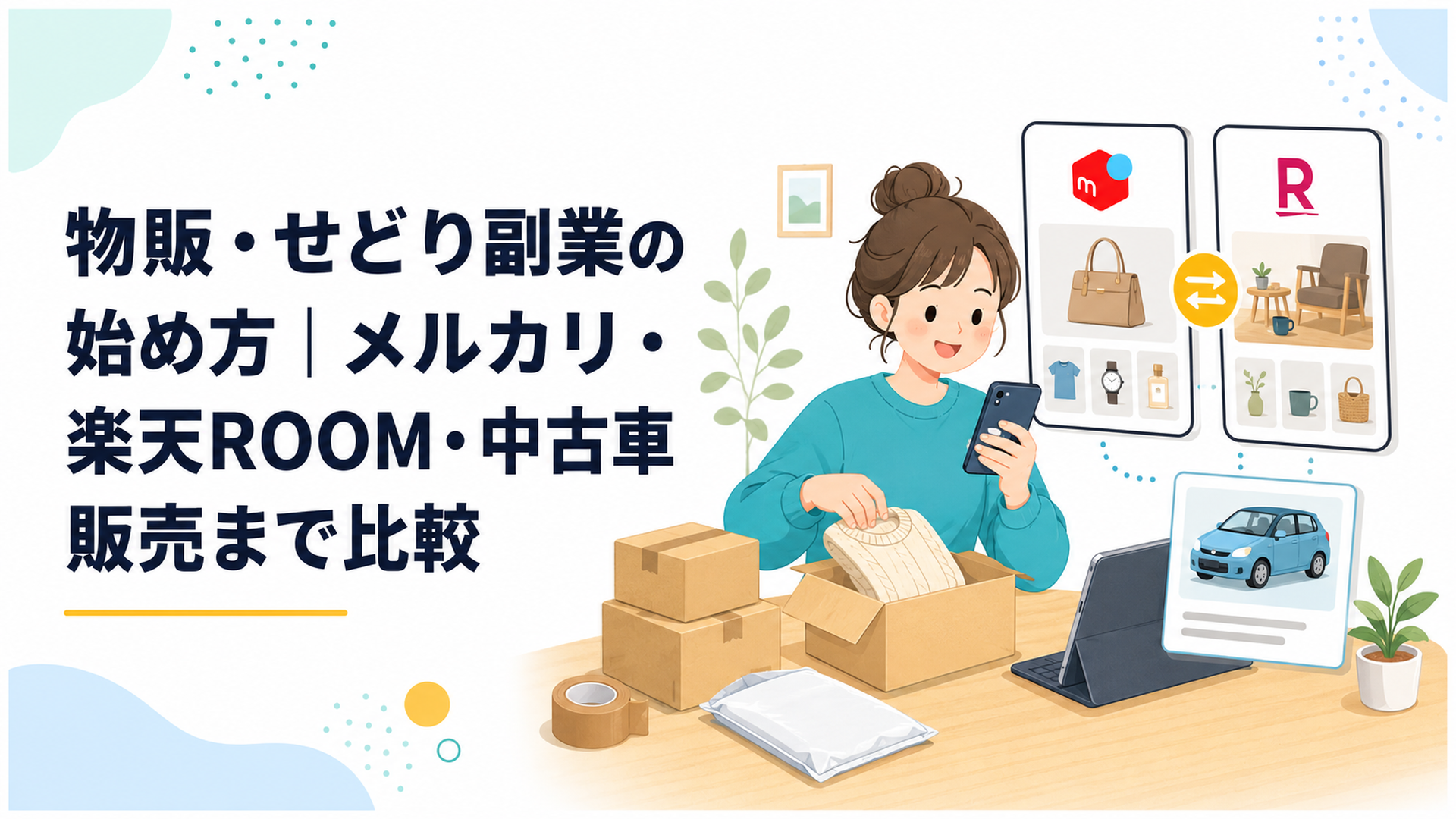 メルカリの商品梱包と楽天ROOMの投稿画面を並べた副業イメージ