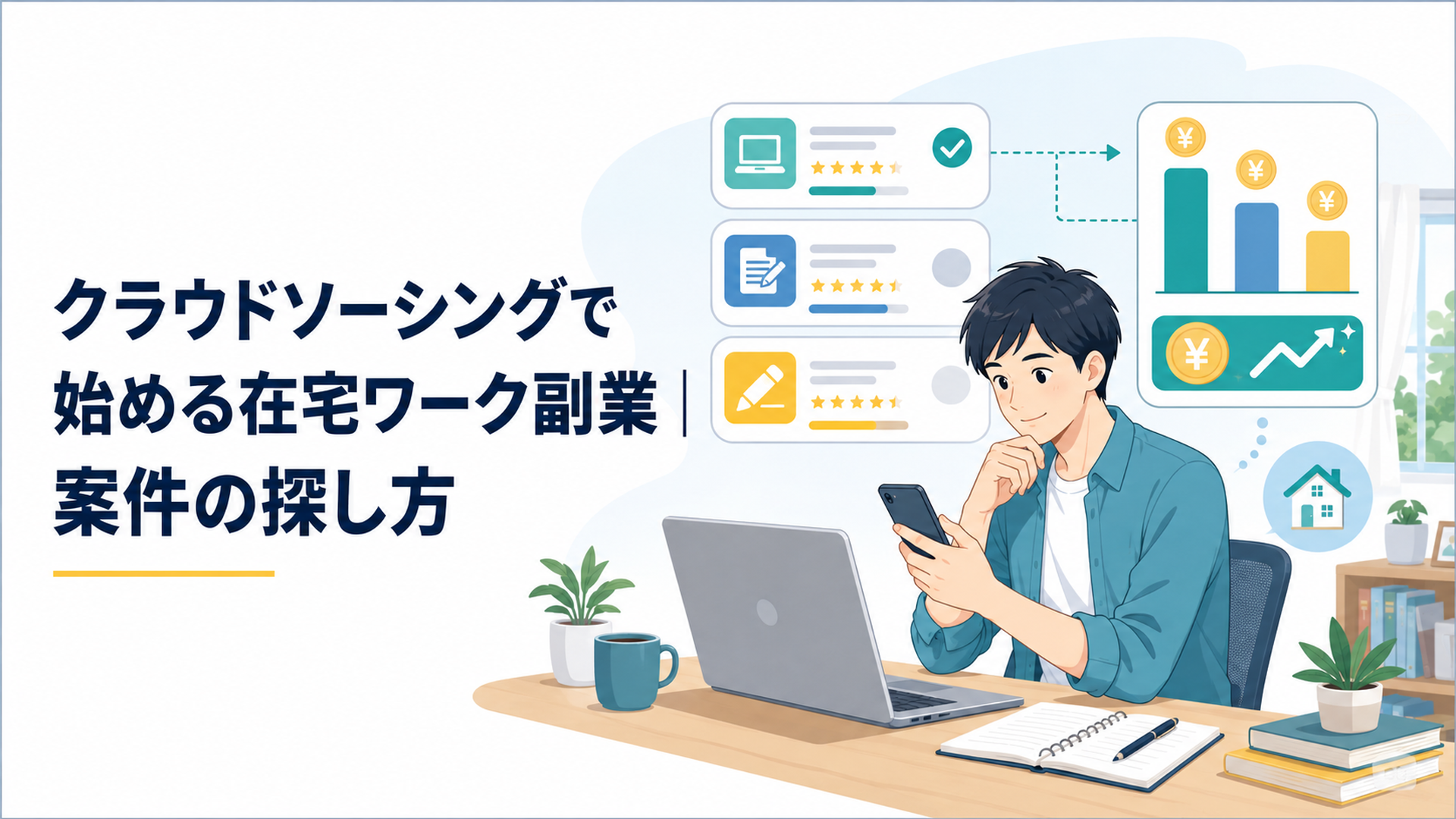 自宅の机でクラウドワークスの在宅副業案件と手取り額を比較する20代会社員