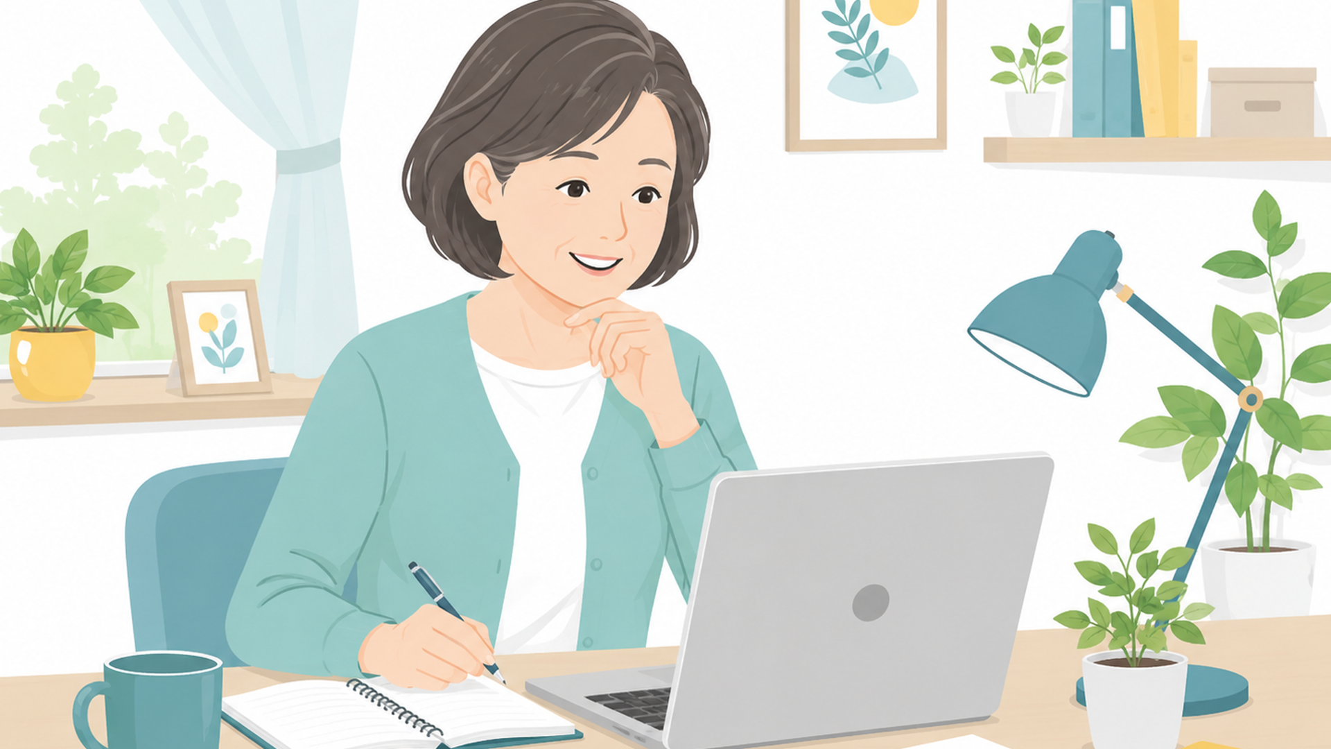 自宅のデスクで副業について調べる50代女性