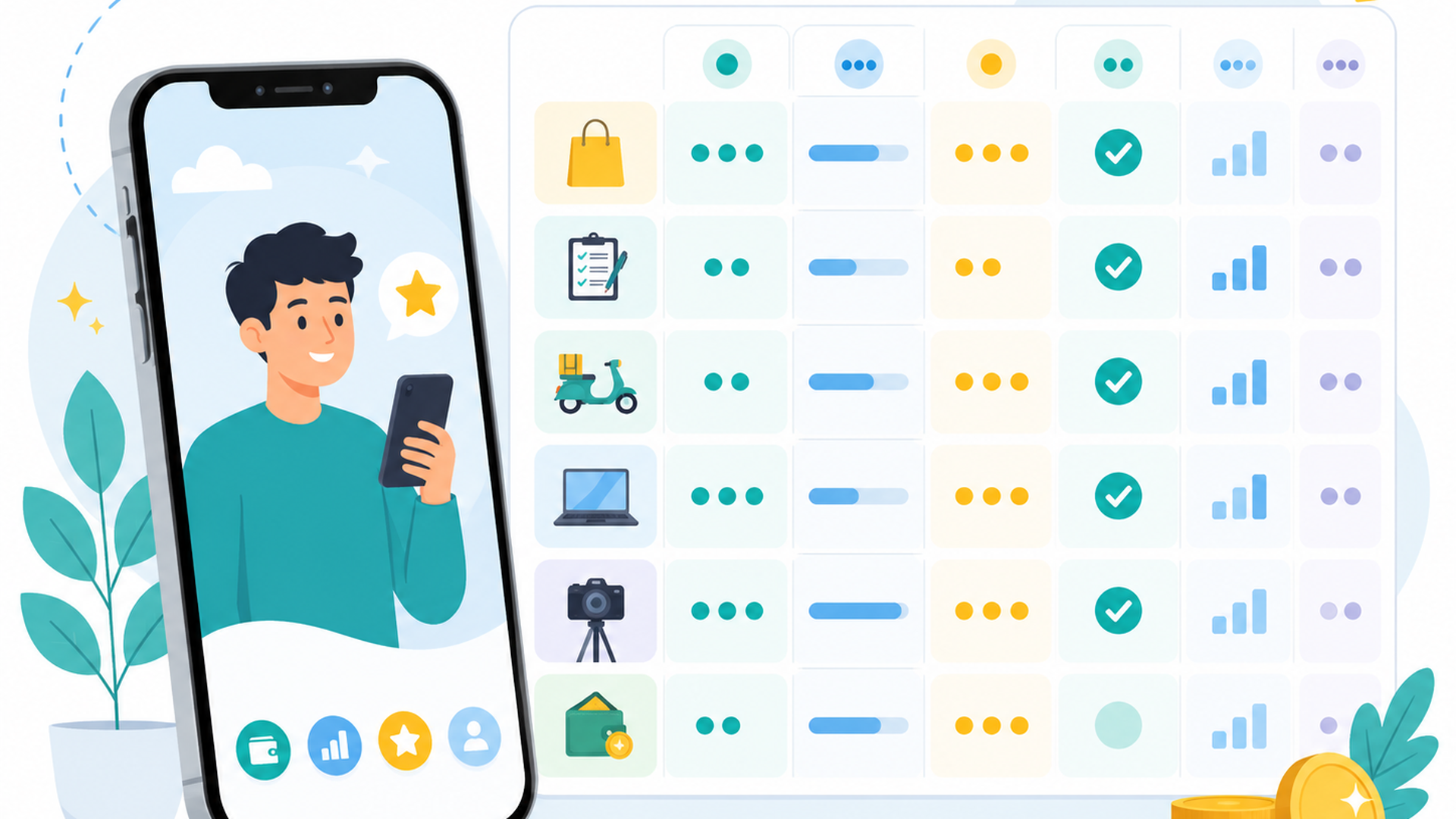 6種類のスマホ副業を比較する一覧表とスマートフォン