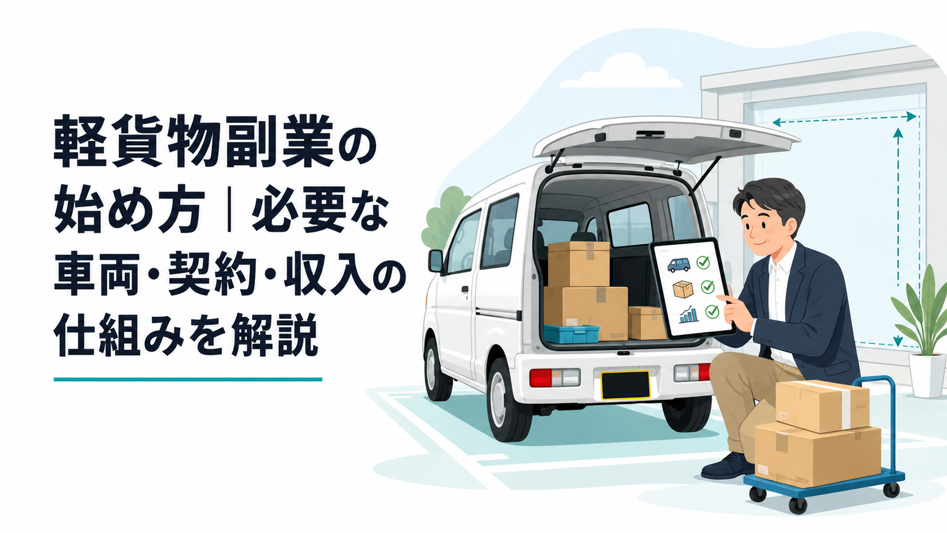 軽バンの荷室寸法と車庫の条件を確認する会社員