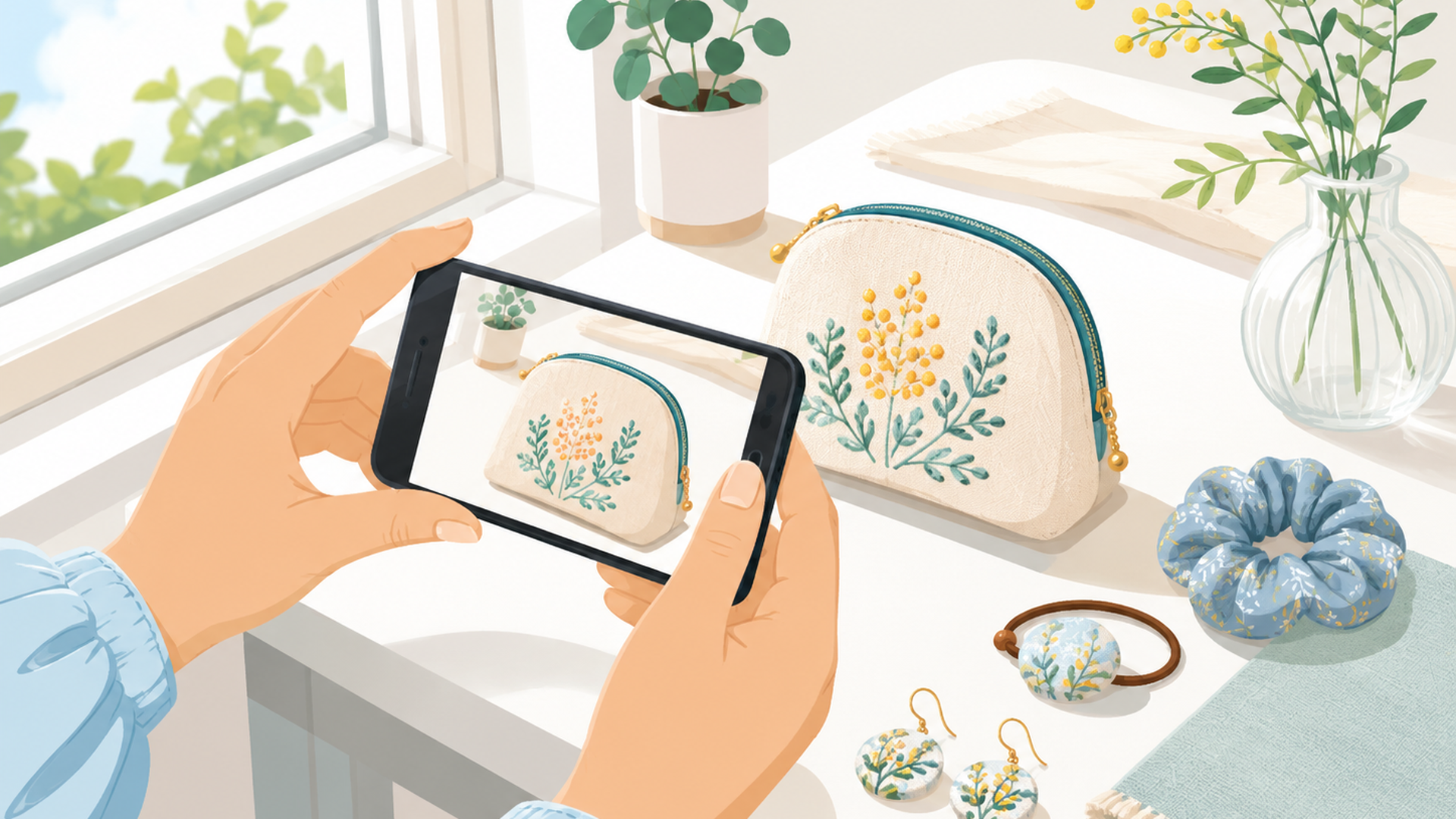 窓際でスマートフォンを使って作品を撮影する手元