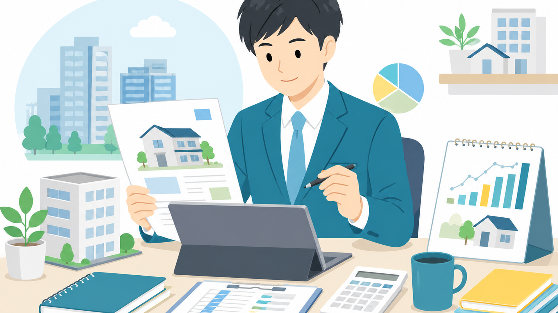 物件資料とローン返済表を確認する会社員