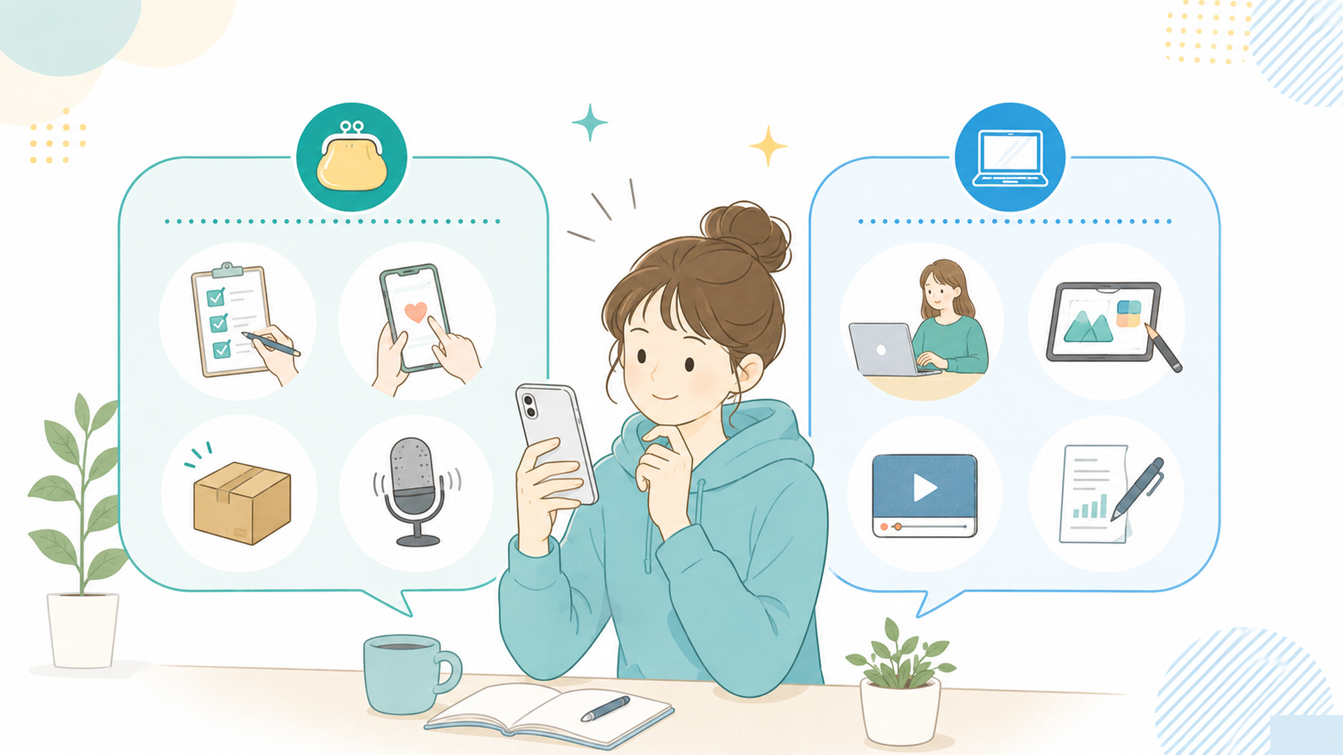 スマホ副業10種類の報酬単位と費用を比較する表