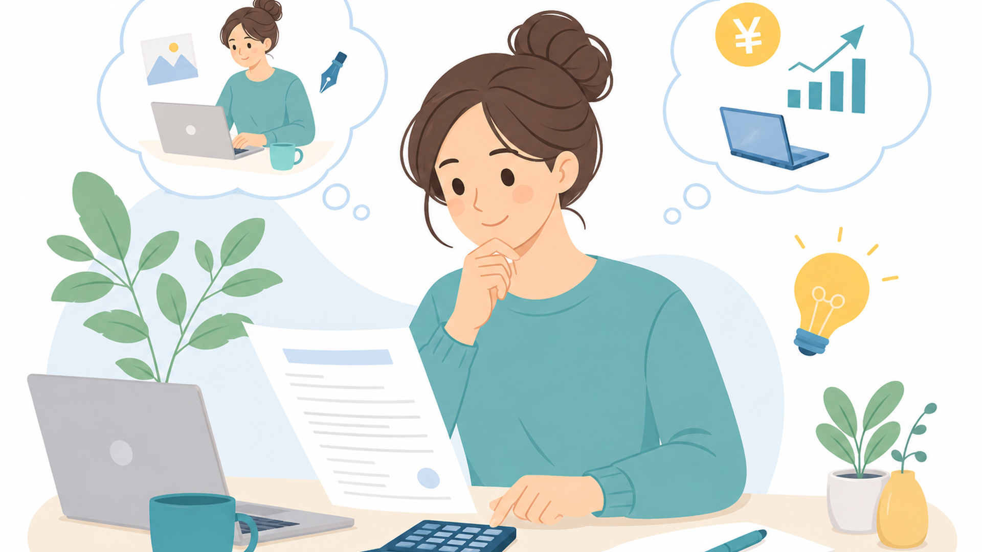 契約書と電卓を確認しながら副業を検討する女性