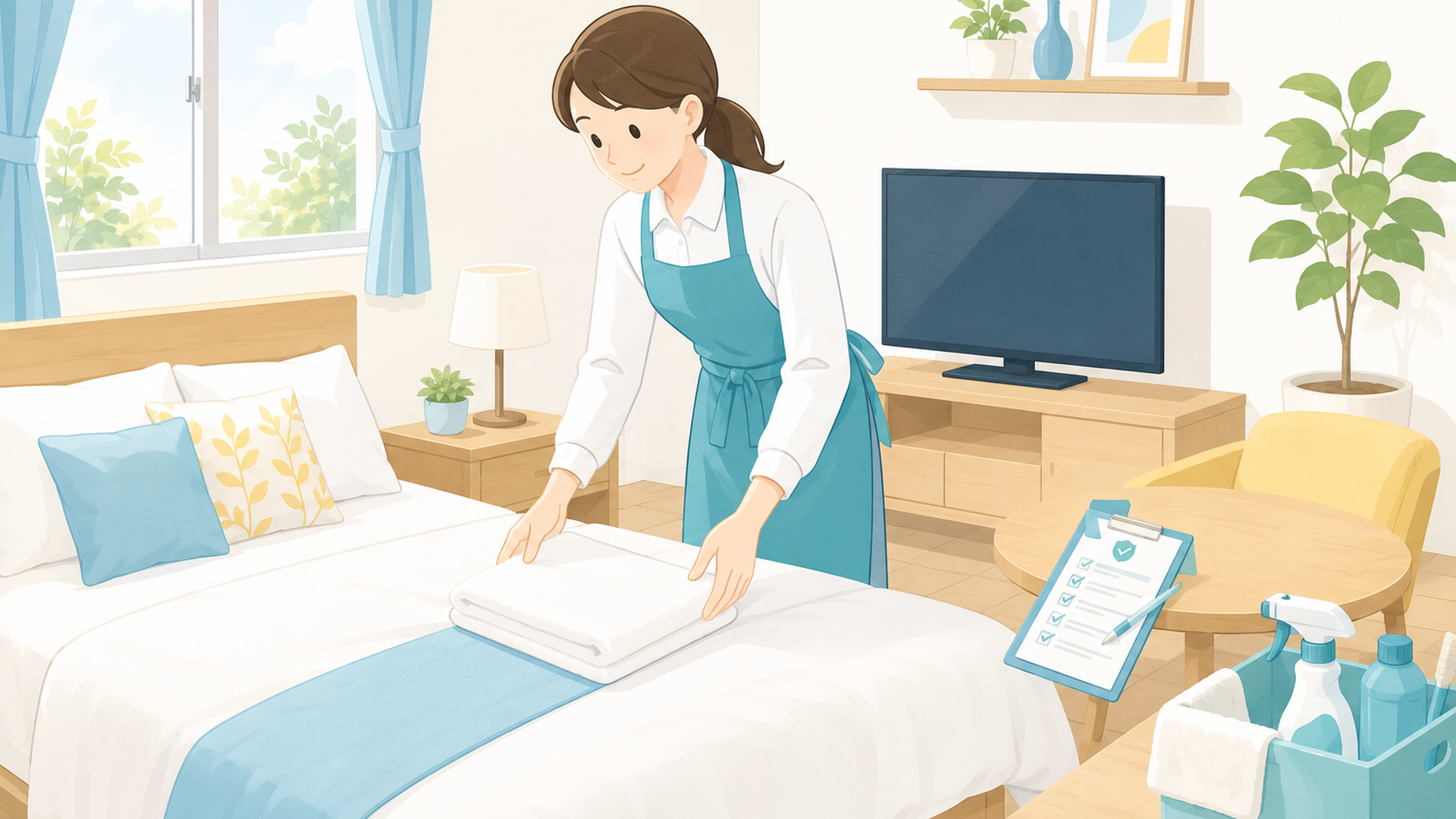 民泊の客室を清掃し設備を点検する運営者