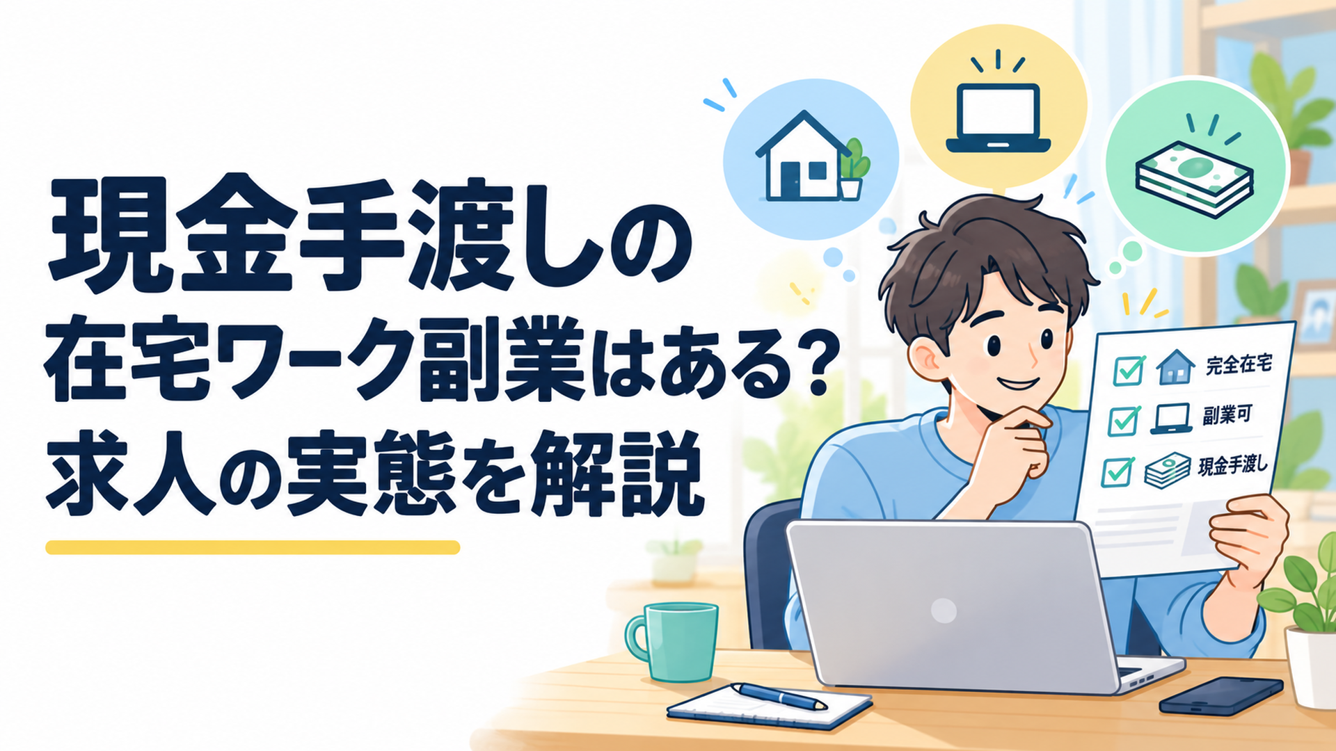 自宅のデスクでパソコンを開き、完全在宅・副業可・現金手渡しの3条件を求人票で照合している会社員